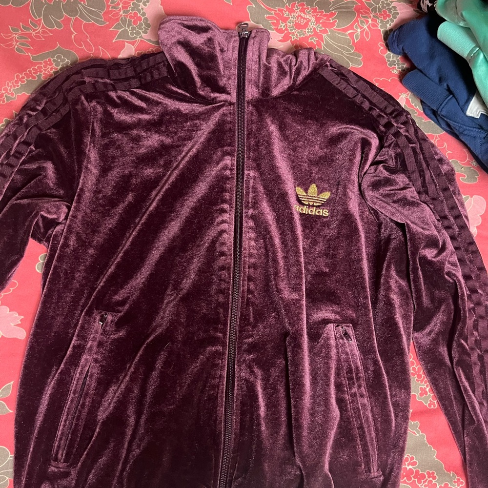 addidas velour zip up sweater burgundy